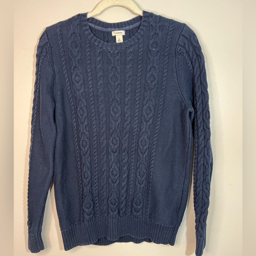 L.L. Bean Women’s Navy Blue Cotton Cable Knit Pullover Warm Sweater Size Large